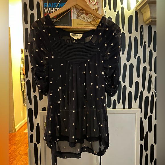 Stunning Anthropologie 100% Silk Navy and White Polka-Dot Embroidered Blouse - Picture 7 of 7